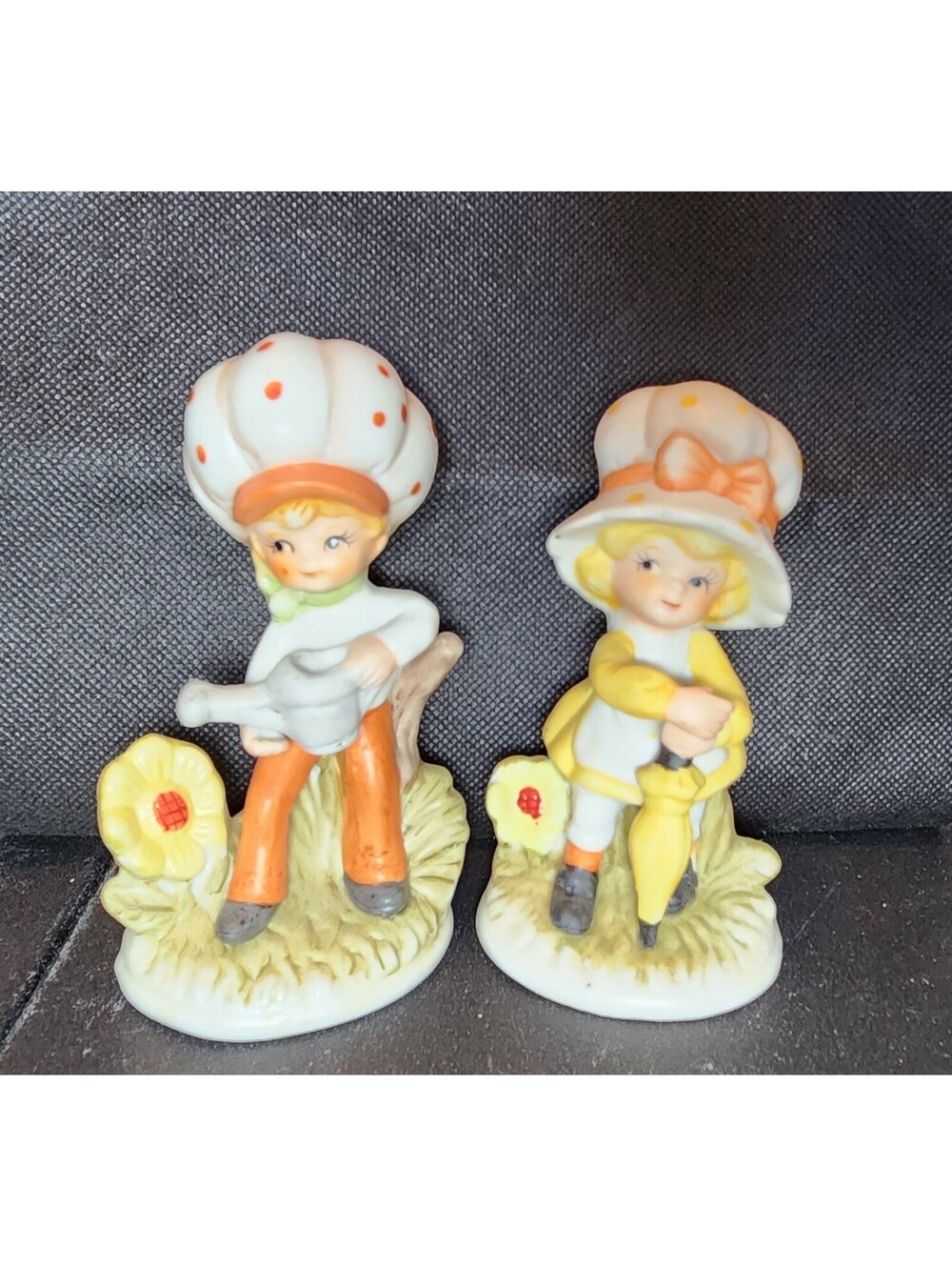 Set of Boy & Girl 70's Flower Children Ceramic Porcelain Figurines Crown Royal